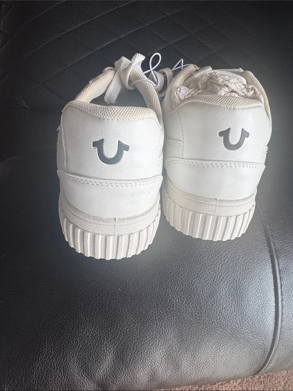 True Religion White Leather Low-Top Sneakers with Black Outline Logo